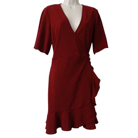 Stylestalker Dresses & Skirts - Stylestalker Women Burgundy Red Ruffle Wrap Dress Size S Short Sleeve Party